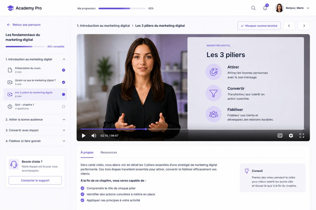 Interface LMS côté apprenant avec vidéo de cours, progression du parcours et contenu complémentaire